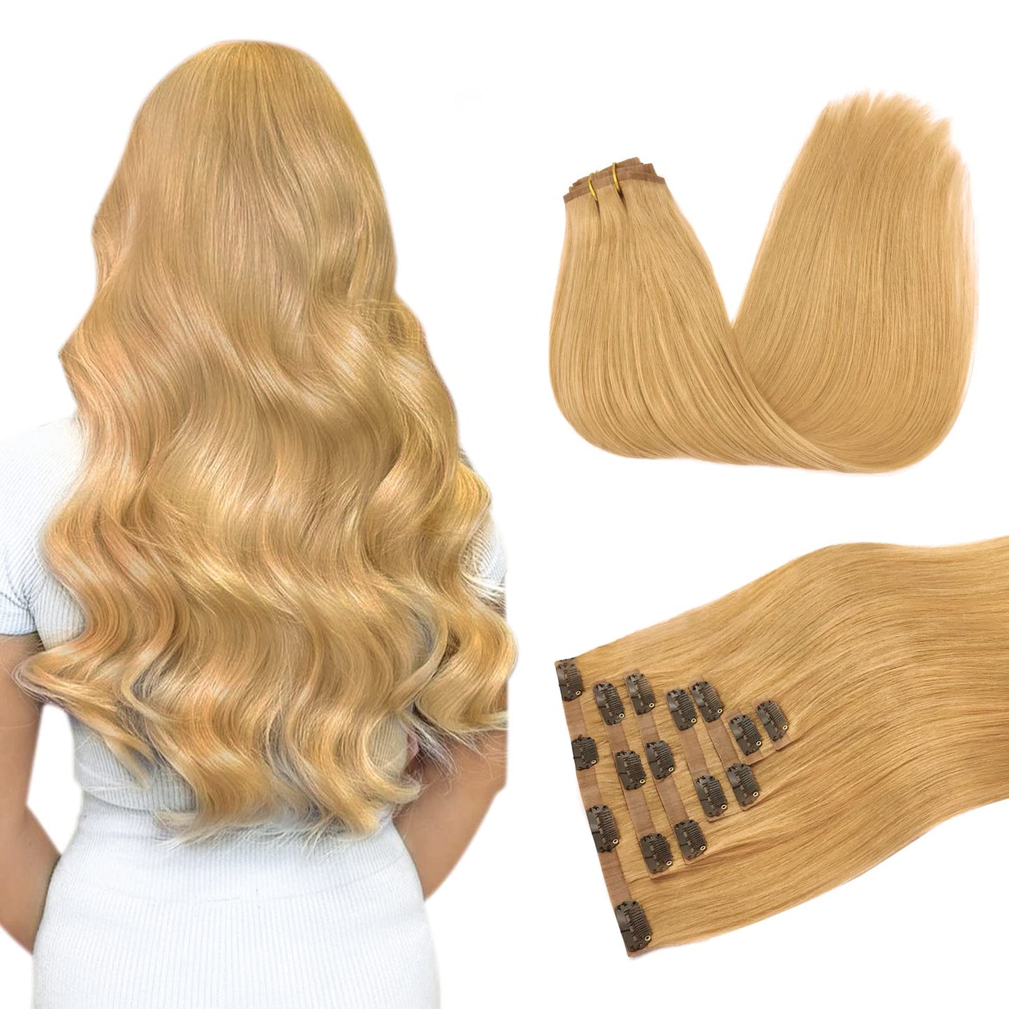 Doores Hair Extensions Seamless Clip In Hair Extensions, Honey Blonde110G 7Pcs 14 Inch, Hair Extensions Clip In Human Hair Exten