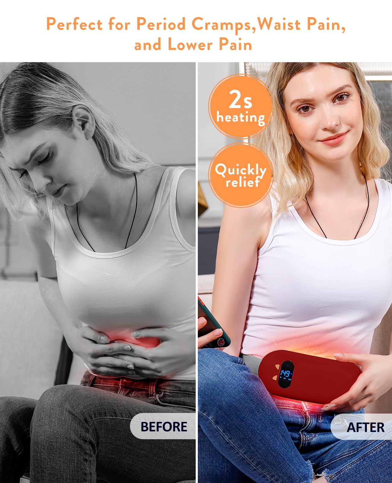 Portable Heating Pad for Period Cramps: Cordless Menstrual Heating Pad with 6 Heat Levels and 6 Massage Modes, 3s Fast Heating Gift for Women and Girl(Pink)