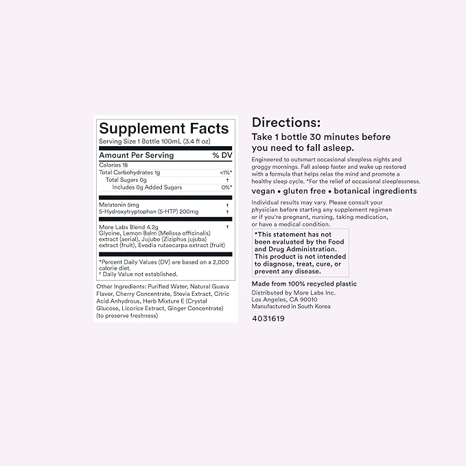 More Labs Dream Well, 5MG Melatonin Holistic Sleep Drink Solution, Non-Habit Forming with 5HTP, Lemon Balm, Jujube Seed, Glycine (Pack of 24)