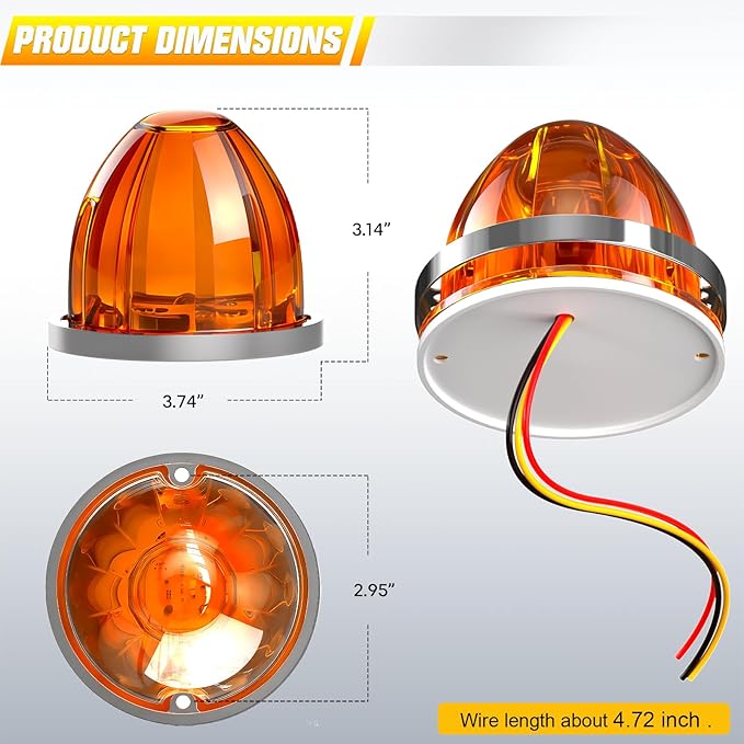 BJZ 10Pcs Amber Watermelon LED Strobe+Constant Marker Lights Dual Function Watermelon-shaped Side Marker Clearance Tail Top Cap Roof Lights for Trailer Truck Semi-trailer Heavy-duty Truck Bus Van