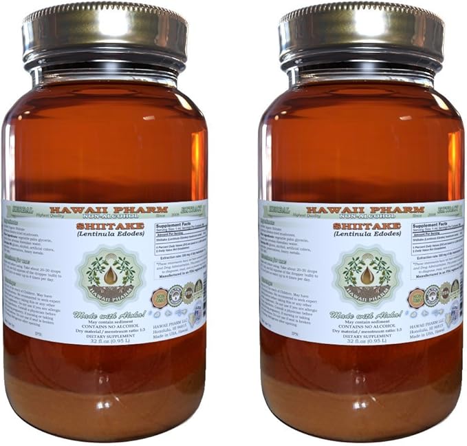 Shiitake Alcohol-Free Liquid Extract, Organic Shiitake (Lentinula Edodes) Dried Mushroom Glycerite Natural Herbal Supplement, Hawaii Pharm, USA 2x32 fl.oz
