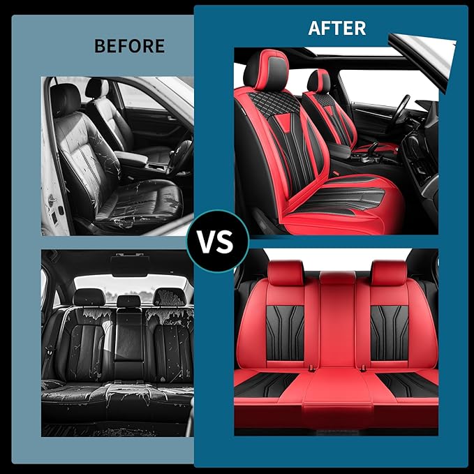 Fit Murano Car Seat Covers Compatible with Nissan Murano 2004-2025 2026 - Full Set Premium Leather， Waterproof Breathable， All-Weather Seat Cushion Protecto&Airbag Compatible （Red & Black