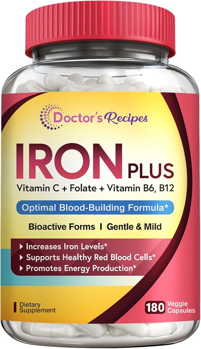 Doctor's Recipes Iron Supplement for Women Men - Gentle Iron Bisglycinate with Vitamin C, B6, Folate & B12 - Non-Constipating & Stomach Friendly Iron Pills for Blood & Energy Support, 180 Vegan Caps