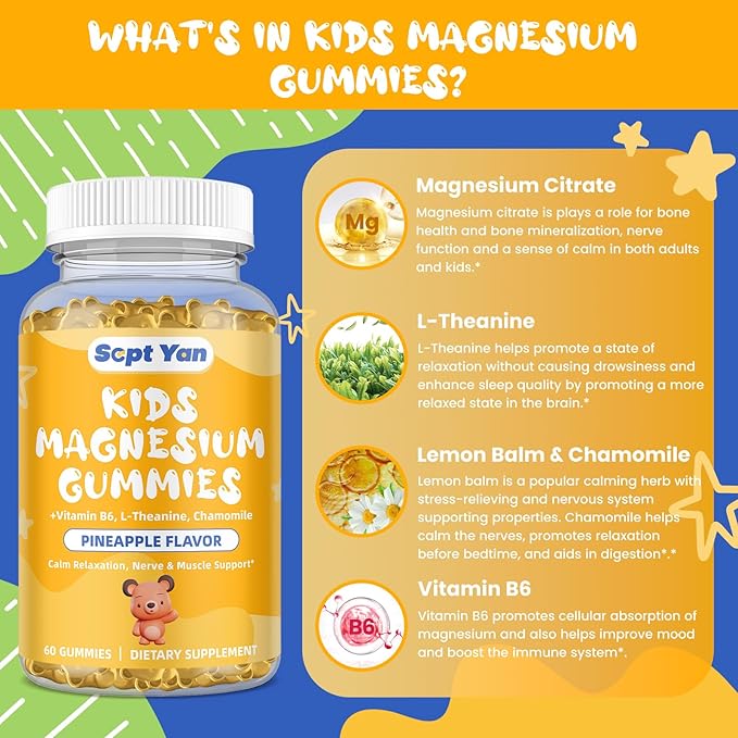 Magnesium Citrate Gummies for Kids & Adults - Calm Magnesium Supplement with Vitamin B6, Chamomile & Lemon Balm for Sleep, Bones, Pineapple Flavor 60 Gummies