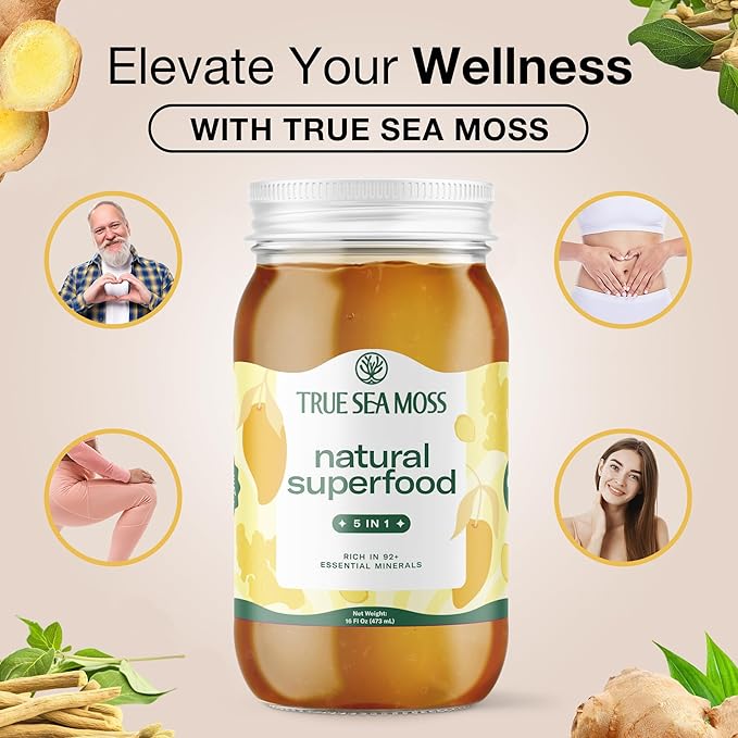 TrueSeaMoss Wildcrafted Irish Sea Moss Gel with Ashwagandha- Made with Seamoss - Vegan-Friendly - Supports Health, Made in USA from Fresh Sea Vegetables (5 in 1, Pack of 3)