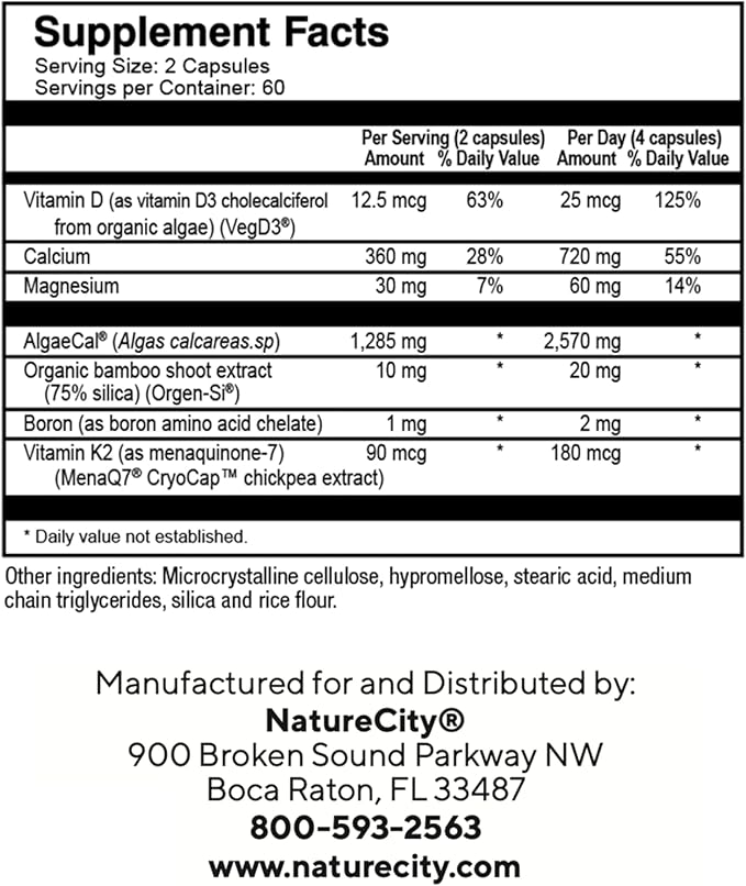 NatureCity True-Osteo Plant-Based Supplement for Bone Strength | AlgaeCal Calcium & Magnesium, Plant-Based Vitamin D3, Vitamin K2, Silicon| Gentle on Stomach (360 Capsules)
