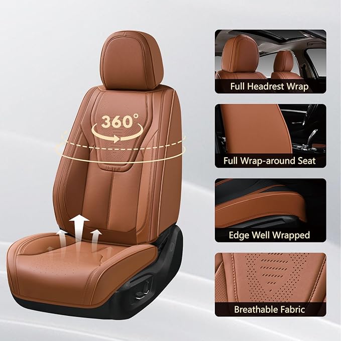 FLORICH Car Seat Covers Front Seats, Luxury Waterproof Faux Leather Seat Covers Cushion, Car Seat Protectors Universal Fit for Most 5 Seats Vehicles - Brown