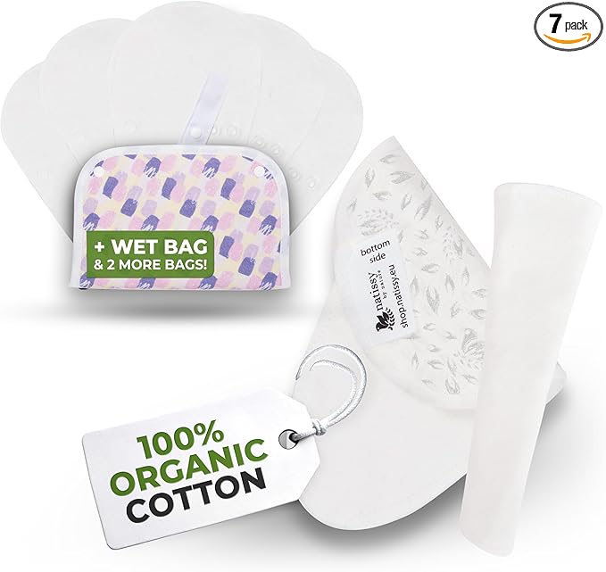 Non-Slip Organic Reusable Panty Liners for Women & Teens (Tanga, 7-Pack); High-Temp Washable Cotton Cloth Liners; Stay Fresh & Dry, for Daily Vaginal Discharge Only; 100% Breathable (no PUL/TPU)