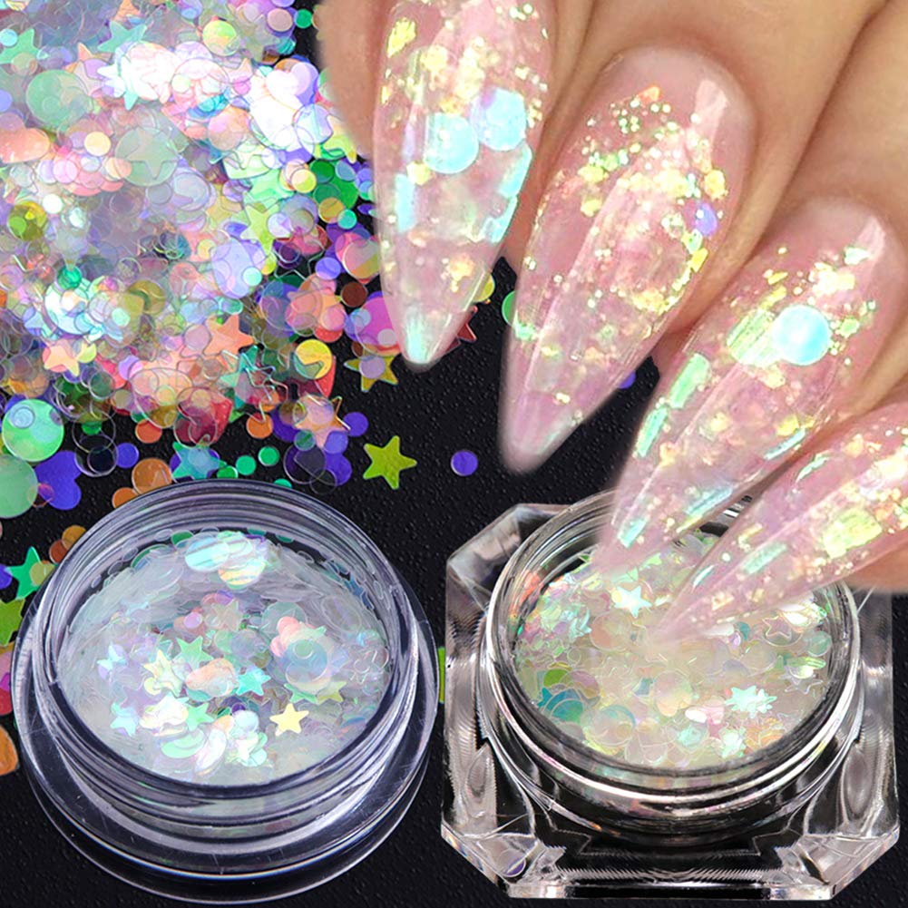 Yeslady Nail Art 3D Mermaid Sequins Flakes Iridescent Diy Glitter Sticker Manicure Make Up Decoration 12Pots