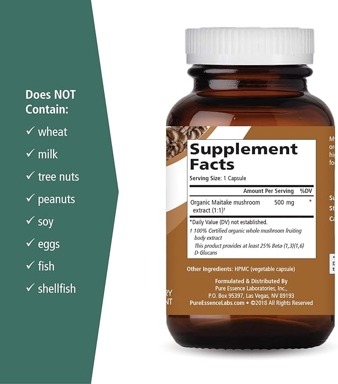 PURE ESSENCE LABS MyPure Maitake Mushrooms - Concentrated Maitake Mushroom Powder Supplement for Immune System Support, Stress Relief, Build Energy, Strength Booster for Men & Women - 2 Month Supply