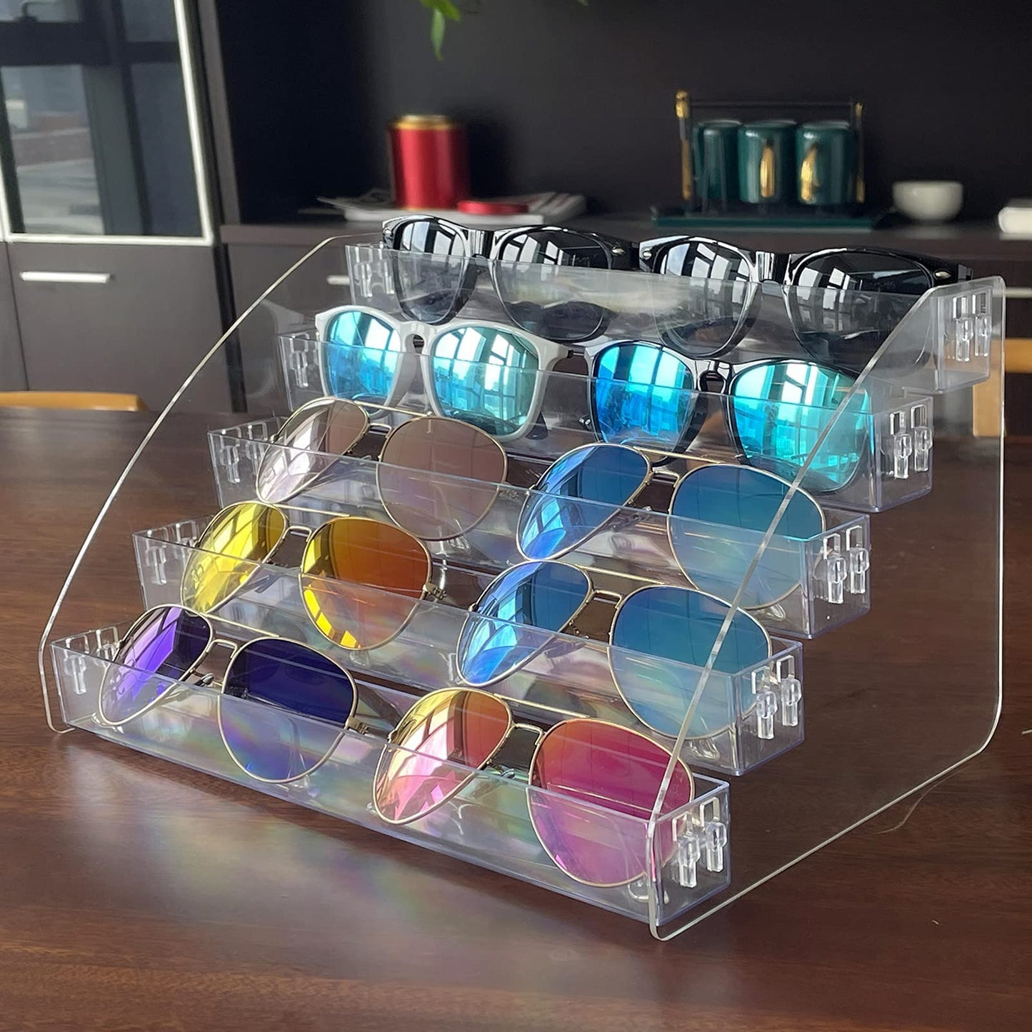 Minesign Sunglasses Organizer Clear Eyeglasses Display Case Sticker Display Tray Box For Glasses Tabletop Holder Stand (5 Layer)