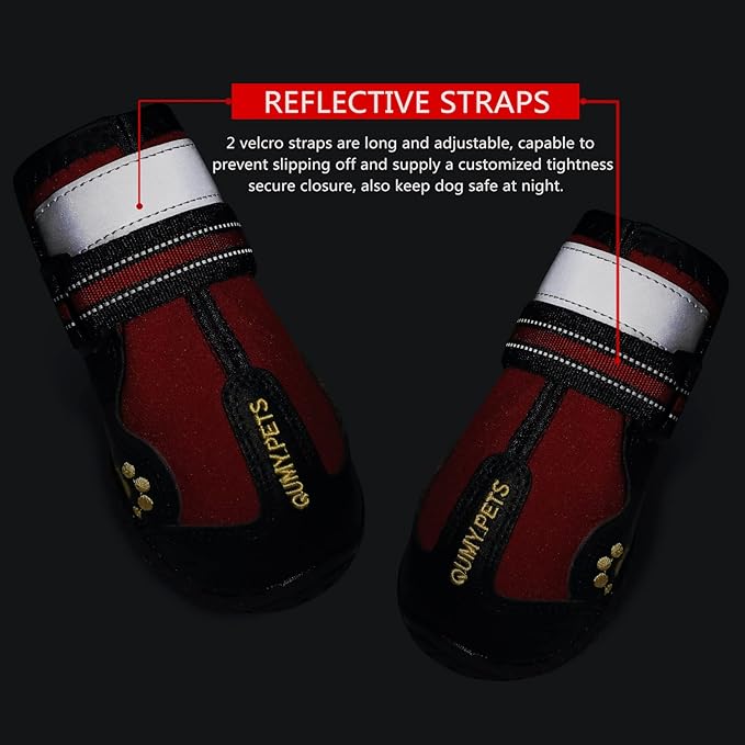 QUMY Dog Shoes for Large Dogs, Medium Dog Boots & Paw Protectors for Winter Snowy Day, Summer Hot Pavement, Waterproof in Rainy Weather, Outdoor Walking, Indoor Hardfloors Anti Slip Sole Red Size 6
