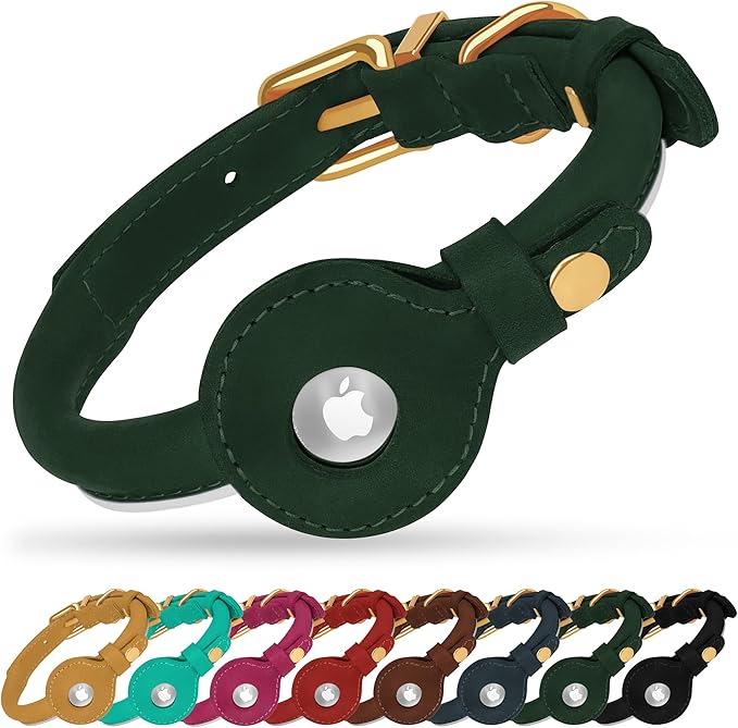 OOPSDOGGY Rolled Leather Dog Collar with Airtag Holder - Reflective Round Airtag Dog Collar - Soft Tracking Pet Collar for Small Dogs Puppy Cats Kitten (Green, L, 14"-18")