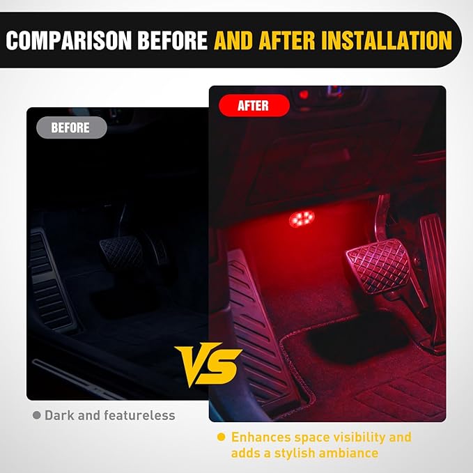 Nilight Wireless Magnetic RGB LED Interior Lights, 4 PCS 7 Colors USB Rechargeable Universal Mini Sticky Footwell Ambient Atmosphere Reading Lamp with Touch Sensor, Portable Night Lighting for Car