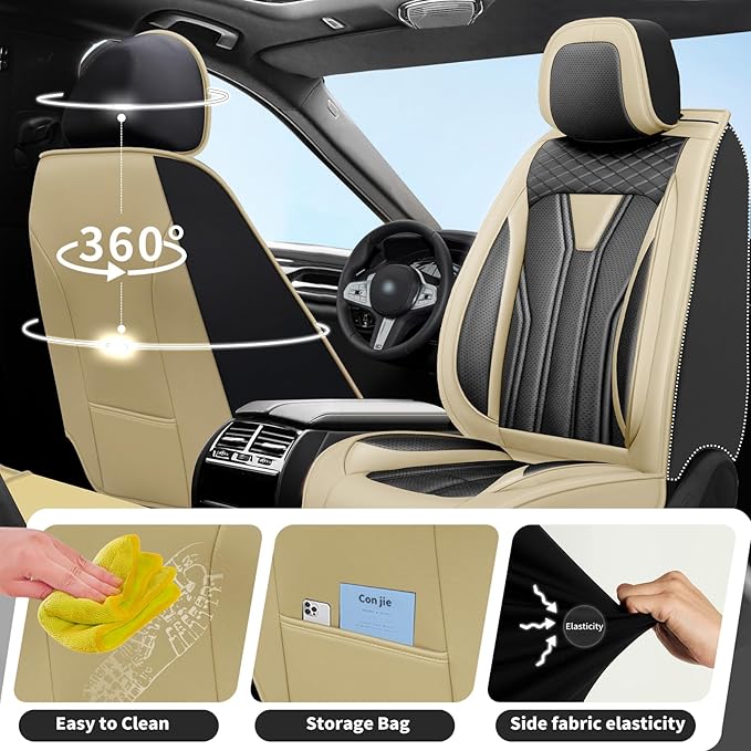 Fit Sentra Car Seat Covers Compatible with Nissan Sentra 2001-2025 2026 - Premium Leather， Waterproof Breathable， All-Weather Seat Cushion Protecto&Airbag Compatible (2 Front Seat Beige&Black)
