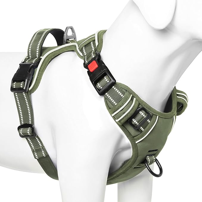 Timos Dog Harness Large Sized, No Pull Pet Harness with Neck Lockable Snap,No Choke Front Clip Dog Reflective Vest,Adjustable Metal Rings 3 Buckles,Easy Control Handle for Large Dogs Green XL