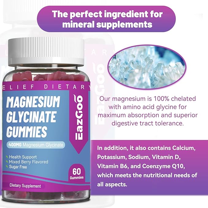 Magnesium Glycinate Gummies 400mg with L-Threonine 200mg - Sugar-Free Magnesium Potassium Supplement with Vitamin D, B6, CoQ10 for Muscle - 120 Mixed Berry Flavored Gummies
