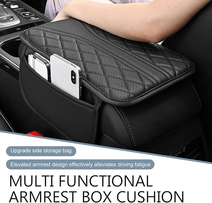 Car Center Console Cover, Leather Auto Armrest Cover with 2 Storage Bags, Universal Cars Armrest Cushion, Vehicle Interior Accessories Protector for Sedan, SUV, Truck (Gray)