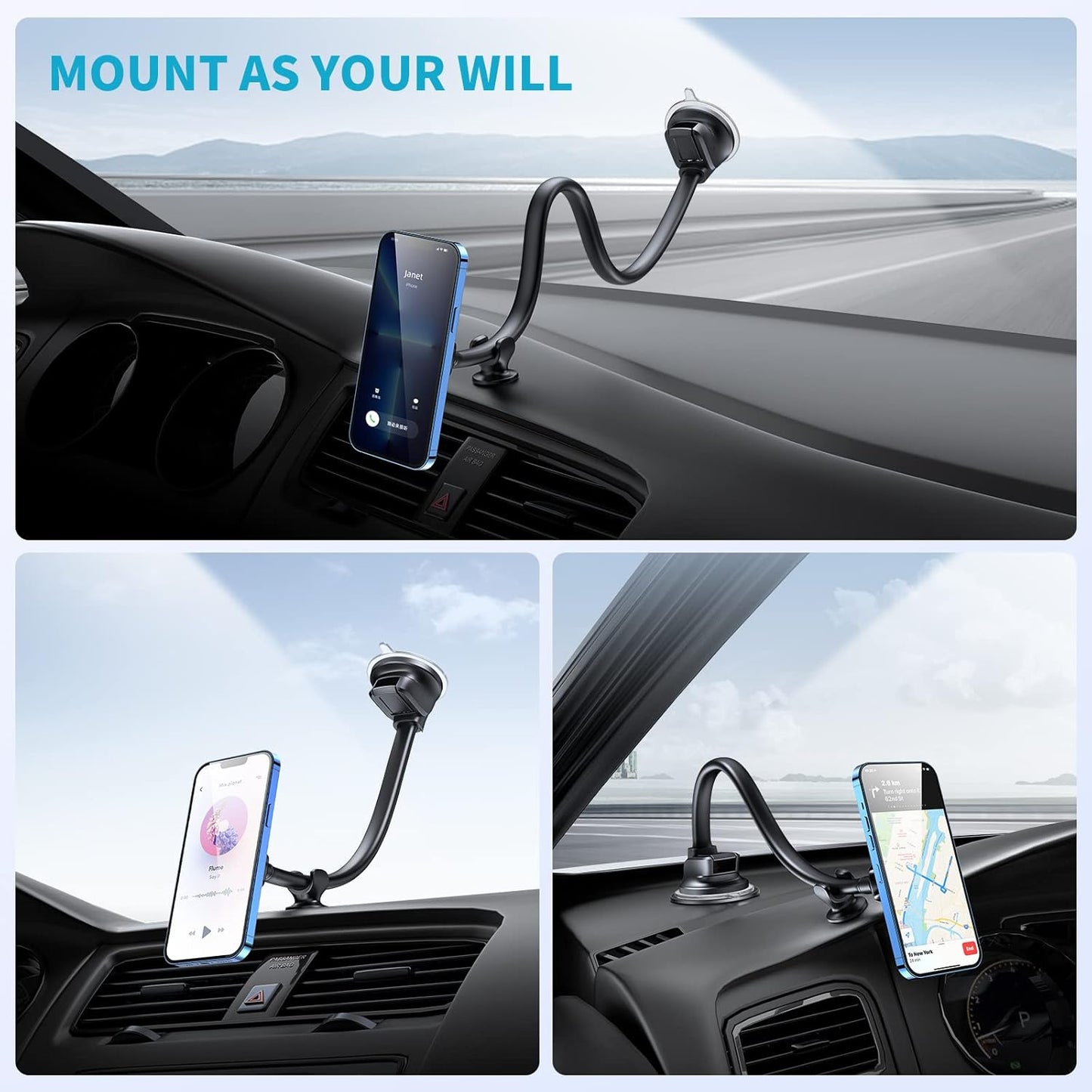 APPS2Car Magnetic Phone Holder Mount with 13-inch Flexible Long Arm & 6 Strong Magnets, Anti-Shake Holder for Truck Windshield Dashboard, Suction Car Mount for All Phones