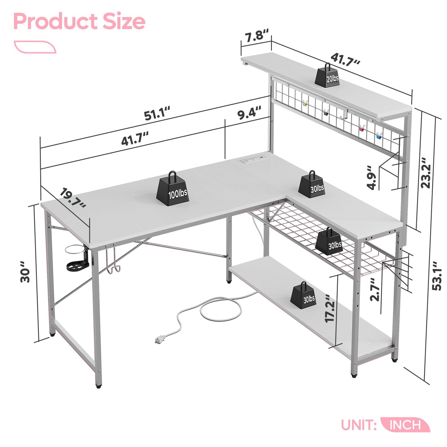 Bestier Gaming Desk 51" L-Shaped, with Power Outlets & LED Lights- 4 Tier Shelves, Reversible Gamer Table with Hooks & Cup Holder for Home Office,Carbon Fiber White