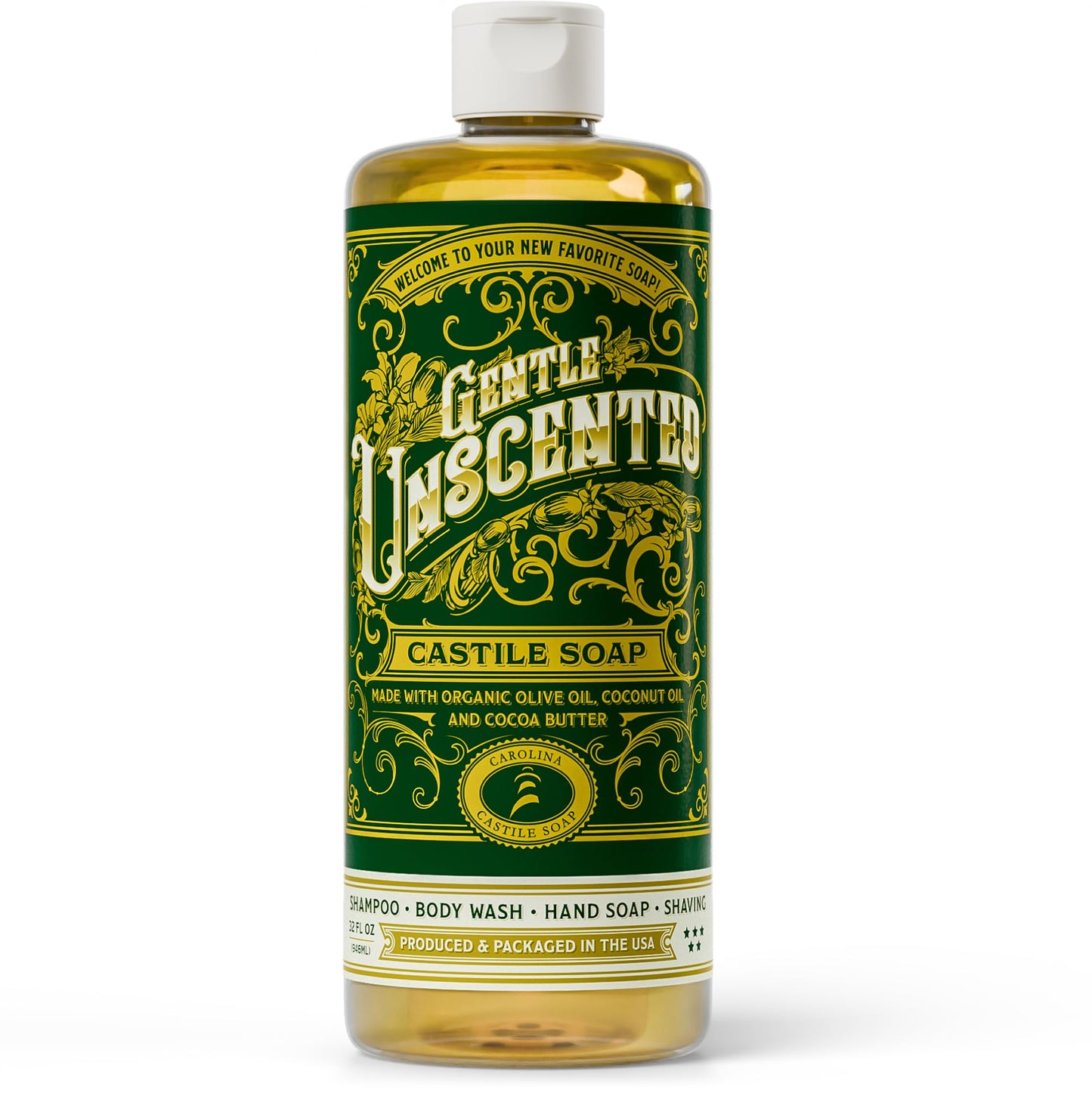 Unscented Liquid Castile Soap - Vegan Organic Soap & Body Wash, High Olive Oil Content, Non-Drying Formula, Great For Sensitive