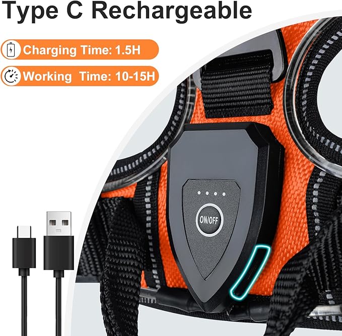 Taglory Light Up Dog Harness, Rechargeable No Pull Dog Vest with 3 Lightning Modes, Reflective Dog Harness with 2 Leash Clips & 4 Adjustable Slide Strips for Medium Dogs, Orange-Orange, M