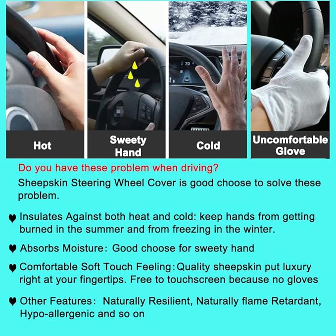 3Pcs Set Fashion Fluffy Fuzzy Wool Fur Soft Car Steering Wheel Cover with Handbrake Cover & Gear Shift Cover for Women/Girls/Ladies Auto Long Wool Accessories, White Black Tip