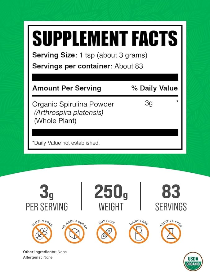 BulkSupplements.com Organic Spirulina Powder - Superfood, Green Spirulina Powder, Herbal Supplement - Vegan-Friendly, 3g per Serving, 250g (8.8 oz) (Pack of 1)