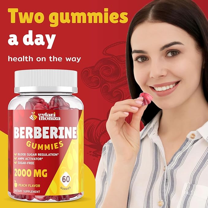 2000mg Berberine Supplement Gummies - High Potency Berberine with Ceylon Cinnamon Candy, Turmeric, Magnesium, Chromium - Sugar Free, Vegan, Non-GMO, Gluten-Free - Peach Flavor 60 Gummies - 2 Pack