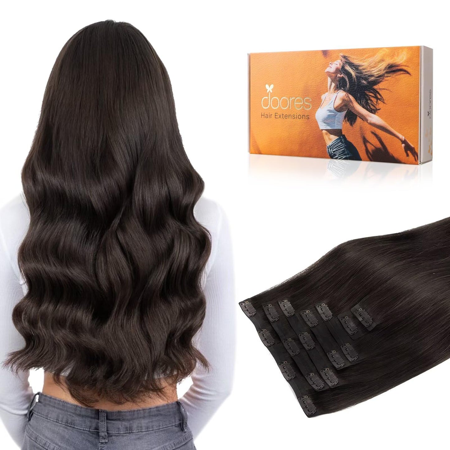 Doores Human Hair Clip In Extensions, Dark Brown 110G 7Pcs 22 Inch, Clip In Hair Extensions Human Hair Seamless Clip In Hair Ext