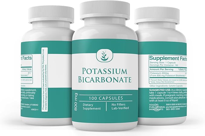 Pure Original Ingredients Potassium Bicarbonate, (100 Capsules) Always Pure, No Additives or Fillers, Lab Verified