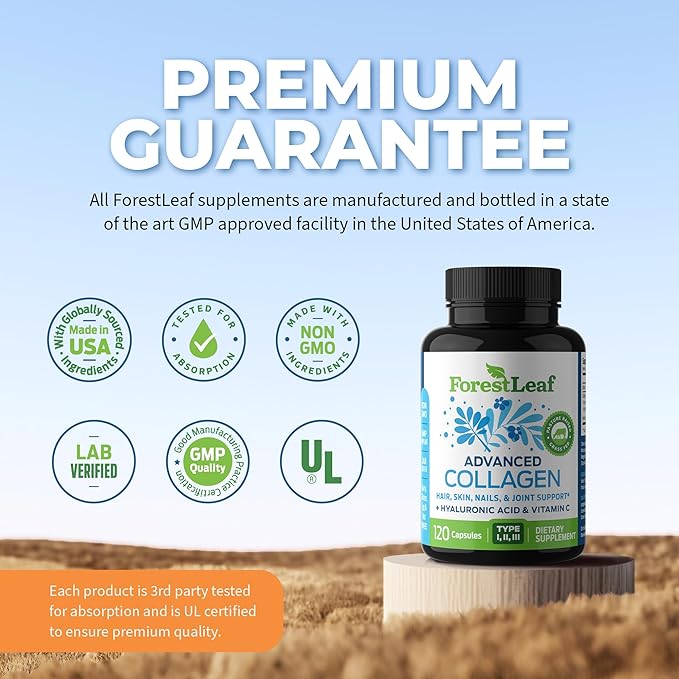 ForestLeaf Multi Collagen Pills with Hyaluronic Acid + Vitamin C | Hydrolyzed Collagen Supplements for Women or Men | Multi Collagen Capsules Peptides for Skin, Wrinkles, 240