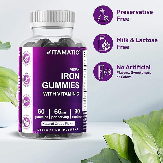Vitamatic Iron 65 mg Gummies Supplement for Women & Men - 60 Vegan Gummies - Great Tasting Iron Gummy Vitamins with Vitamin C (3)
