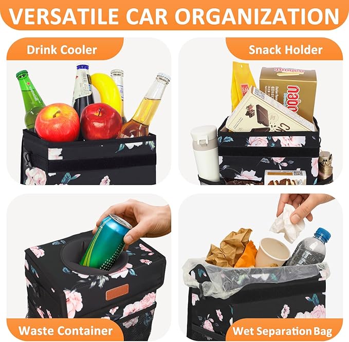 Vankor Car Trash Can for Car Cute,Bag Bin Hanging Waterproof Automotive Garbage Cans Leak Proof Vehicle Trash Can Black Floral