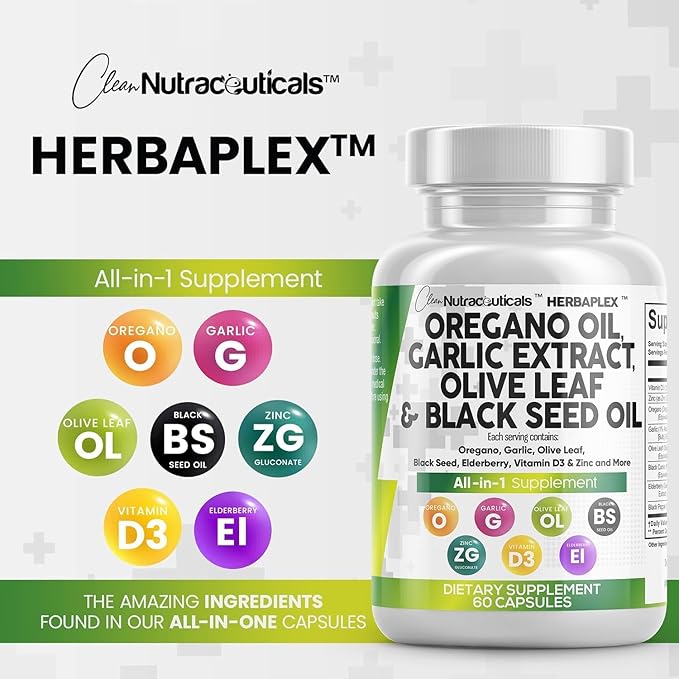 Clean Nutraceuticals Oregano Oil Garlic Extract Olive Leaf Black Seed Oil - Immune Support & Digestive Health Supplement for Women and Men with Vitamin D3 & Zinc - 3Pack