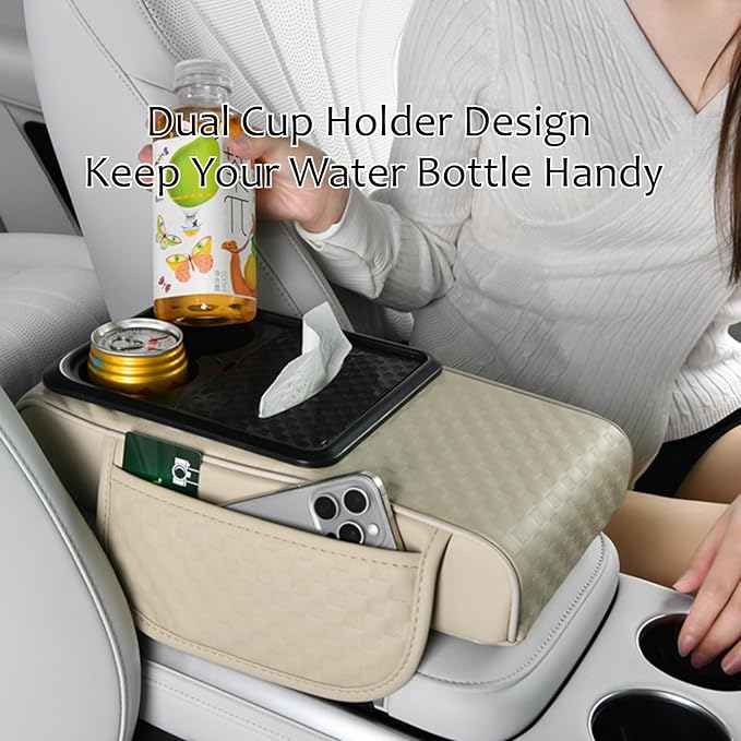 Car Center Console Armrest Pad, Arm Rest Box Cushion with Ergonomic Height Boost, Storage Pockets, Built-in Tissue Box, Cupholder, Fit for Most Sedan Vehicles (Embossing Checkerboard, Coffee)