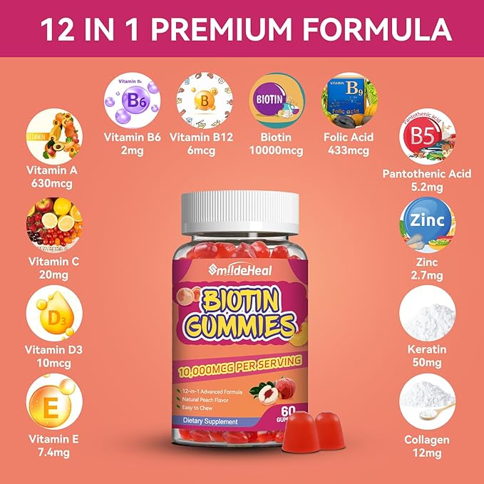 Biotin Gummies for Hair Growth 10000 mcg, Hair Skin and Nails Gummies with Folic Acid, Vitamins A, B, C, E & D, Vegan biotin Vitamins for Women & Men, 60 Gummies