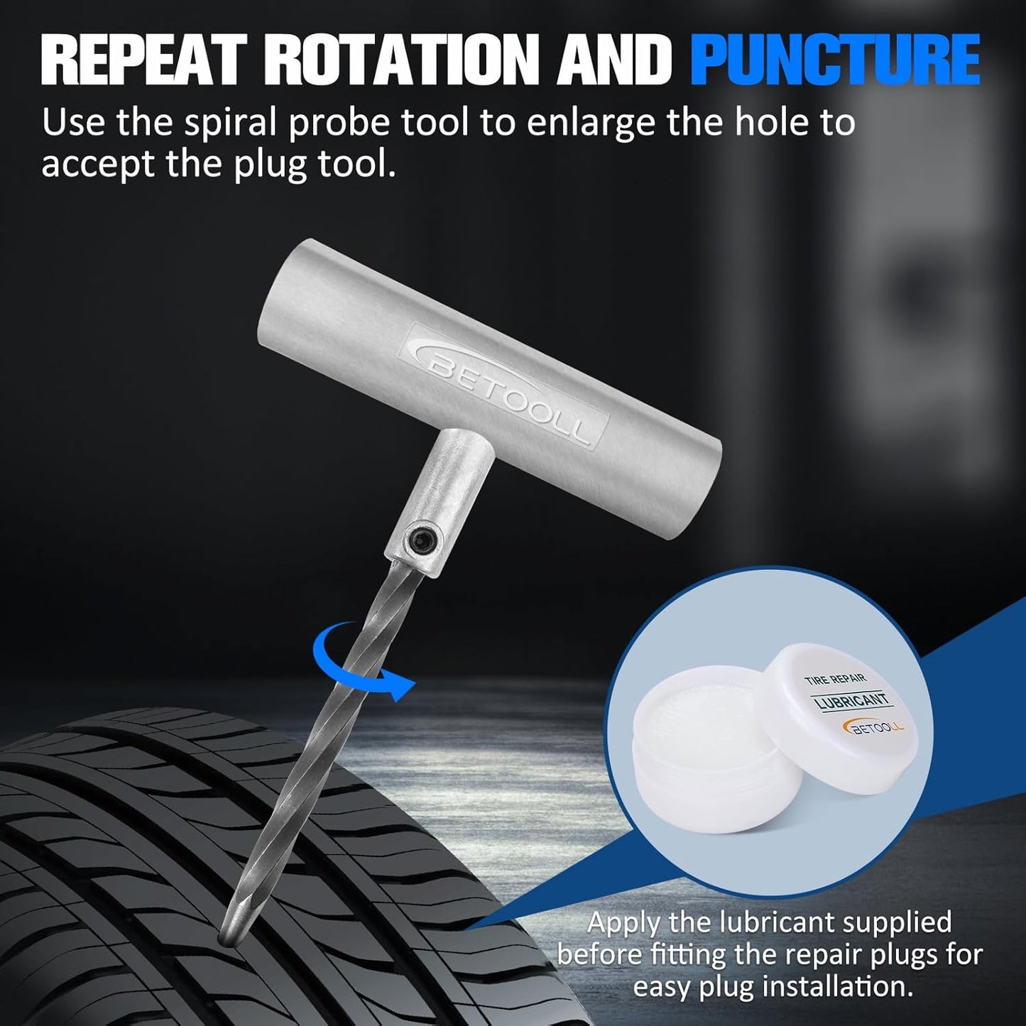 BETOOLL Tire Repair Kit, 44 Pcs Professional Heavy Duty Universal Emergency Flat Tire Repair Kit to Fix Punctures, for car Motorcycle, Truck, Golf Cart, ATV, Tractor, ARB, RV, SUV, Trailer etc.