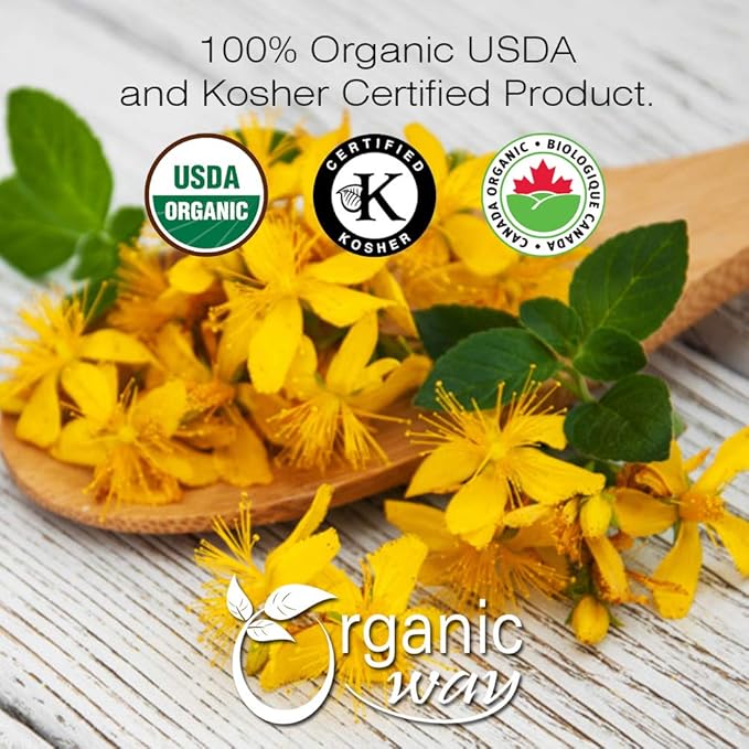 Organic Way St. John's Wort Whole (Hypericum perforatum) - Herbal Tea | European Wild-Harvest | Organic, Kosher & USDA Certified | Vegan, Non GMO & Gluten Free | Origin - Albania (1/2LBS / 8Oz)