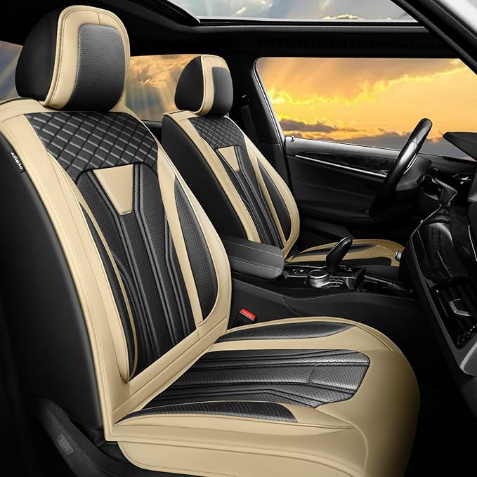 Fit Kona Car Seat Covers for Select Hyundai Kona 2018-2025 2026. Premium Leather, Waterproof， Breathable, Scratch-Resistant & All-Weather Seat Cushion Protector (Full Set, Beige&Black)