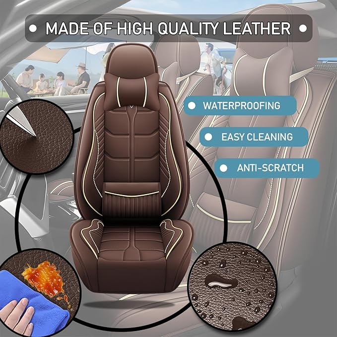 Leather Car Seat Covers Fit for Toyota RAV4 Hybrid 2016-2024, 5 Seater Car Seat Cover, Premium Waterproof, Scratch Resistant Car Interior Accessories (Full Set with Pillow Coffee)