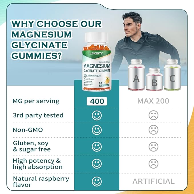 Magnesium Glycinate Gummies 1000mg - Sugar Free Magnesium Potassium Supplement with Vitamin D, B6, CoQ10 for Calm Mood & Sleep Support - 120 Orange Gummies
