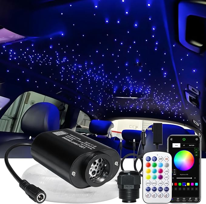 AZIMOM Mini 6W 500pcs Twinkle Fiber Optic Starlight Headliner Kit for Car Home 0.03in 9.8ft End Glow Fiber Strands Sound-Activated APP& Remote Control Starlight Engine