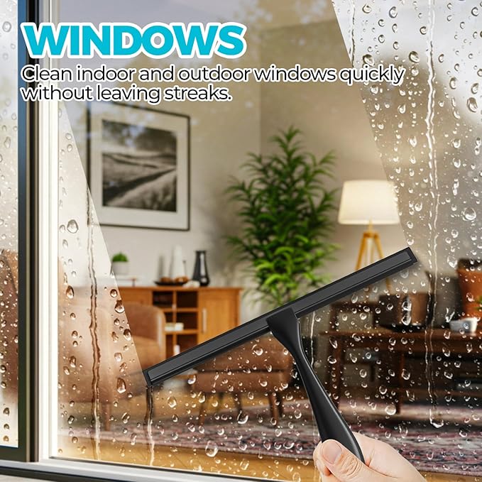 ALFLOD 2PACK 10-Inch Black All-Purpose Shower Squeegee for Shower Doors, Tile Shower Walls, Bathroom, Window, Glass and Car Windshield, Mirrors and Kitchen-Stainless Steel