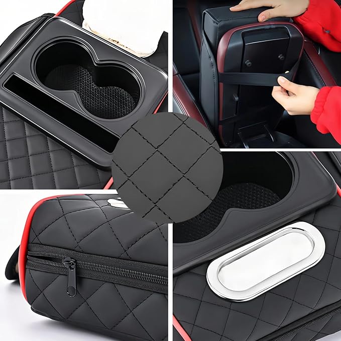 Multifunctional PU Leather Car Armrest Box Mat, 5-in-1 Multifunctional Car Armrest Cushion, Center Console Cover with 2 Cup Holder, For Storing Tissues, Phones, Wallets, Drinks, for Most Cars (Gray)