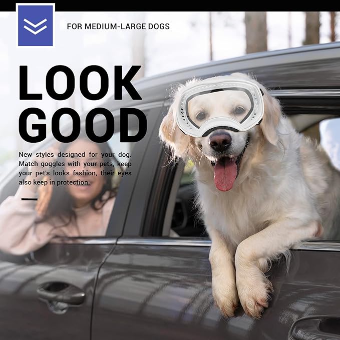 NAMSAN Clear Dog Goggles for Large Dogs, Wide Eyecup & Soft Frame, Anti-UV Sunglasses for Dogs Medium to Large Breed, Driving Dog Eye Protection, Windproof Dustproof, Adjustable, White Frame