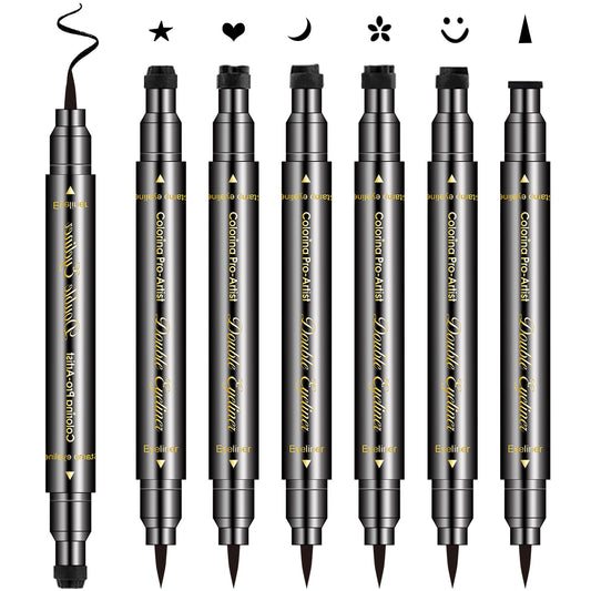 Erinde 6Pcs Double-Headed Liquid Eyeliner Stamp Pen Set, Black Eyeliner Pencil Eye Liner Stencil, Winged Eyeliner Tattoo Tool, S