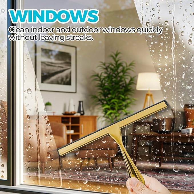 ALFLOD 2PACK 10-Inch Golden All-Purpose Shower Squeegee for Shower Doors, Bath Linen Sets, Tile Shower Walls, Bathroom, Window, Glass and Car Windshield, Mirrors and Kitchen-Stainless Steel