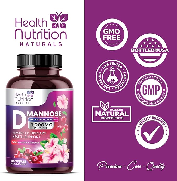 D-Mannose with Cranberry, Hibiscus & Dandelion 1350mg Advanced Formula – Urinary Tract Support Supplement for Women & Men – Flush & Cleanse Impurities – Non-GMO, Vegan for Women & Men – 180 Capsules