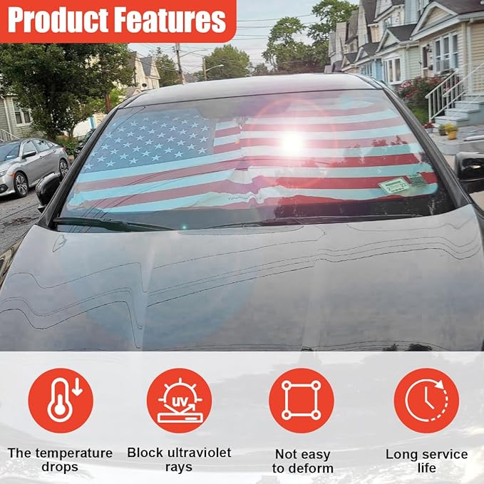 American Flag Car Windshield Sun Shade, Foldable Car Front Window Sunshade for Cars SUV Truck, Auto Interior Sun Protection Cover, Blocks UV Rays & Keeps Your Vehicle Cool (Red, M)
